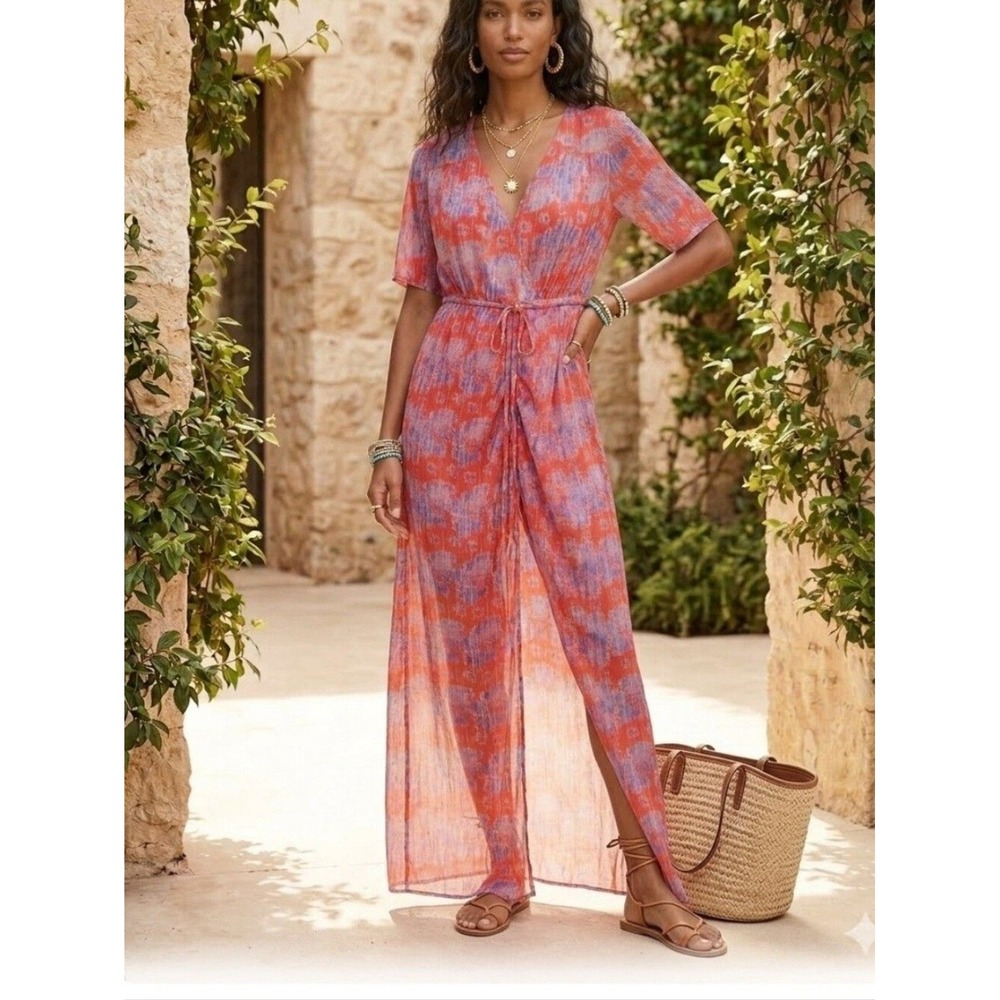 Eywasouls Malibu Size M/S Orange & Lavender Floral Maxi Dress.